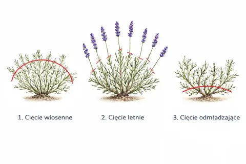Ilustracja pokazuje trzy etapy cięcia lawendy: wiosenne, letnie i odmładzające.