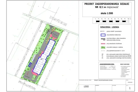 Projekt zagospodarowania działki NR 8/1 z zaznaczoną zabudową, parkingiem, drogami i zielenią. Skala 1:500.