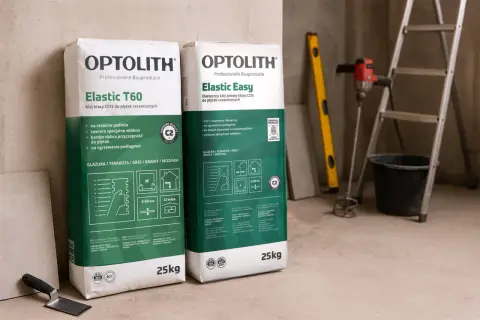 Dwie torby kleju do płytek Optolith Elastic T60 i Elastic Easy. Klej polimerowy z włóknem, idealny do płytek ceramicznych.
