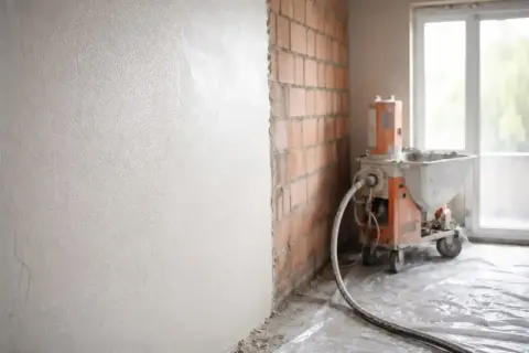 Maszyna do tynkowania w trakcie pracy. Ściana pokryta świeżym tynkiem, obok ceglana ściana i sprzęt do nakładania tynków gipsowych czy cementowo wapiennych.