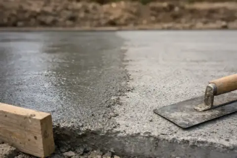 Świeżo wylany beton, widoczna kielnia i drewniany krawężnik. Różne rodzaje betonu w procesie budowy.