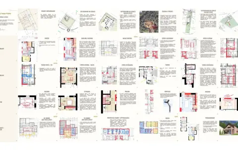 Projekt domu z propozycjami rozbudowy: plany pomieszczeń, wizualizacje i analizy funkcjonalne.