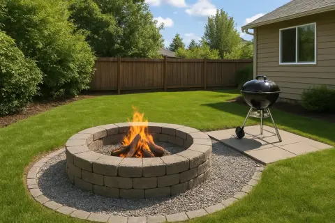 Idealne miejsce na grilla w ogrodzie: palenisko z ogniem i grill obok, otoczone zielonym trawnikiem i drewnianym płotem.