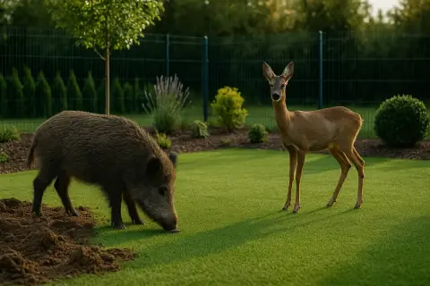 Dziki dzik ryje w trawie, a obok niego stoi sarna, jakby zastanawiała się, czy wysoki płot na sarny zadziała.