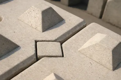 Betonowe pustaki szalunkowe z widocznymi wymiarami i otworami, gotowe do budowy.