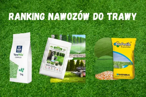 Ranking nawozów do trawy: torby YaraMila Complex i BarFertile, z elementami trawnika, kosiarką i zraszaczami.