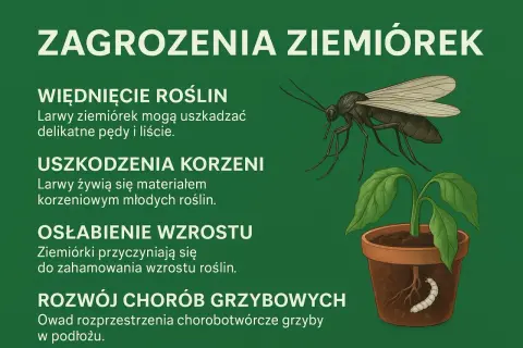 Larwy ziemiórek uszkadzają korzenie i pędy roślin, hamując ich wzrost. Owad ten rozprzestrzenia też choroby grzybowe.