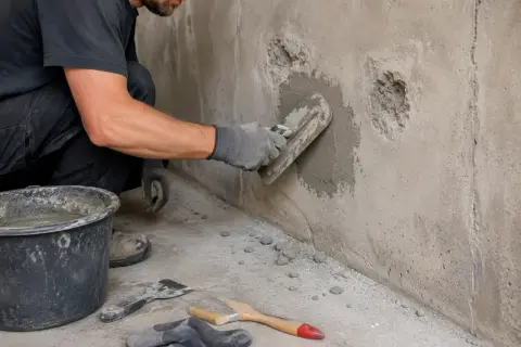 Pracownik w rękawicach nakłada zaprawę na uszkodzony beton, wykonując naprawę. Obok wiadro z zaprawą i narzędzia.