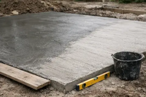 Świeżo wylany, mokry beton na placu budowy. Obok wiadro i poziomica, gotowe do pracy z szybkim betonem.