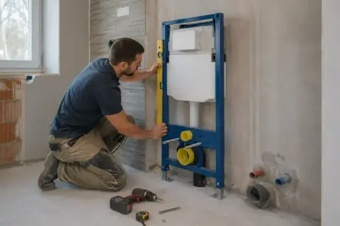 Instalator sprawdza poziomem stelaż podtynkowy do WC. Montaż baterii podtynkowej cena zależy od wybranego modelu i wykonawcy.