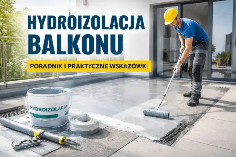 Fachowiec wykonuje hydroizolację balkonu, używając wałka. Obok wiadro z materiałem i taśma uszczelniająca.