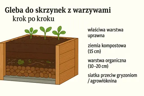 Warstwowy ogródek warzywny w skrzyniach: siatka, warstwa organiczna, ziemia kompostowa i właściwa warstwa uprawna z młodymi roślinami.
