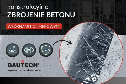 Beton zbrojony włóknami polimerowymi. Zbliżenie pokazuje strukturę zbrojenia rozproszonego w betonie, zapewniającego wytrzymałość i odporność.