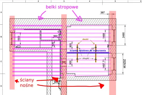 Rysunek techniczny stropu dz 3 z belkami stropowymi, ścianami nośnymi i ścianką działową do wyburzenia.