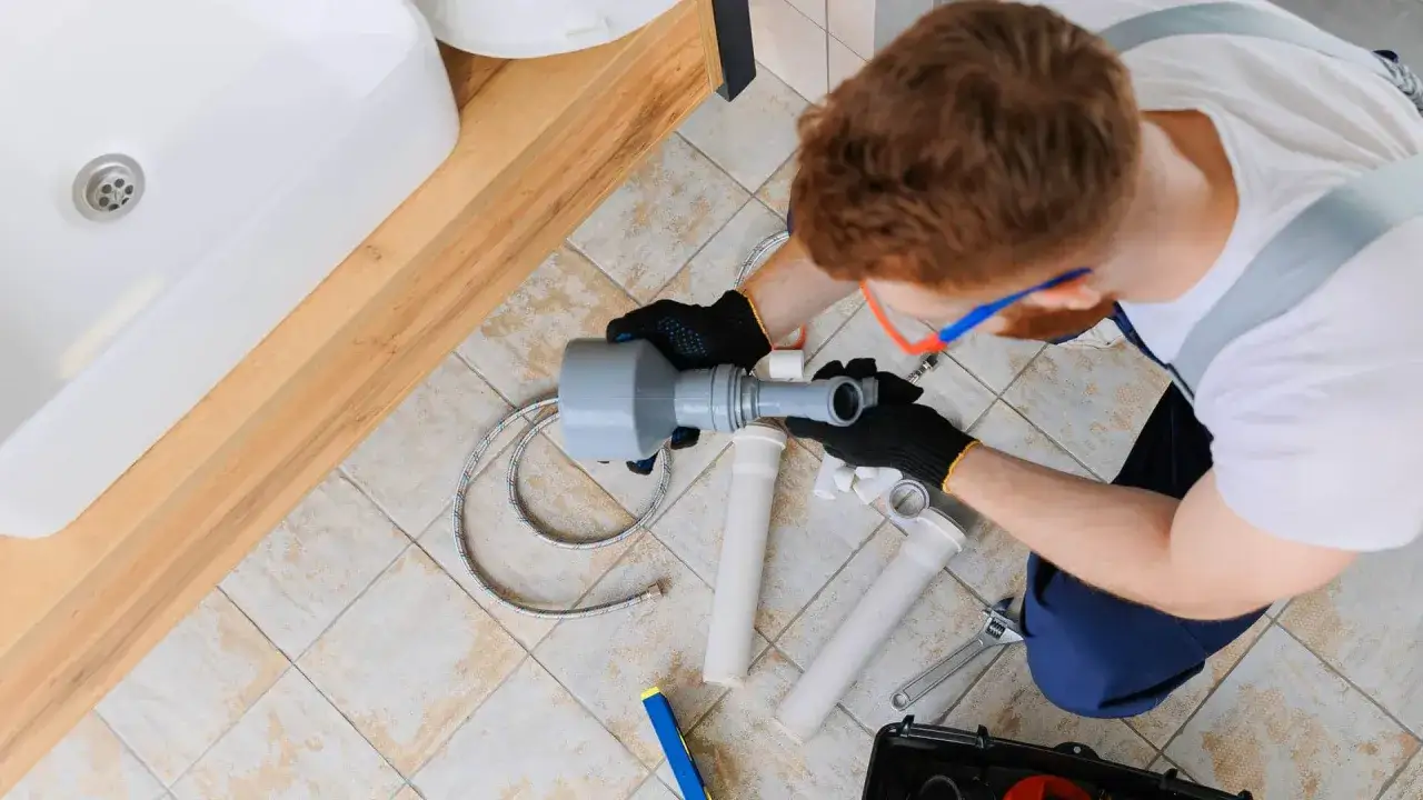 Instalator montuje syfon, pokazując, jak zrobić odpowietrzenie WC. Widać umywalkę, narzędzia i elementy instalacji.