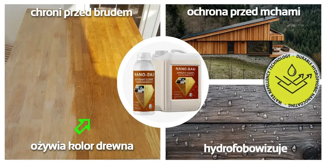 Impregnat Nano-Bau ożywia drewno, chroni przed brudem i mchami, zapewniając hydrofobowość.